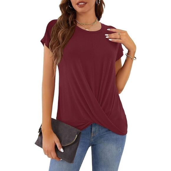 Womens red size small twist tunic Short Sleeve T Shirts Casual Summer Tops Loose - Picture 3 of 8